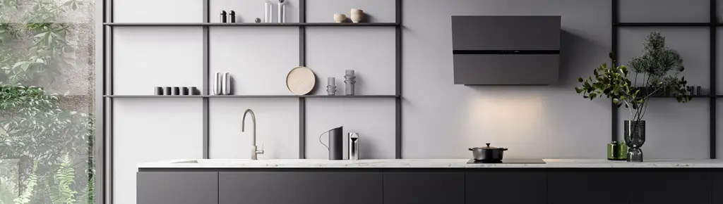 grey kitchen with range hood